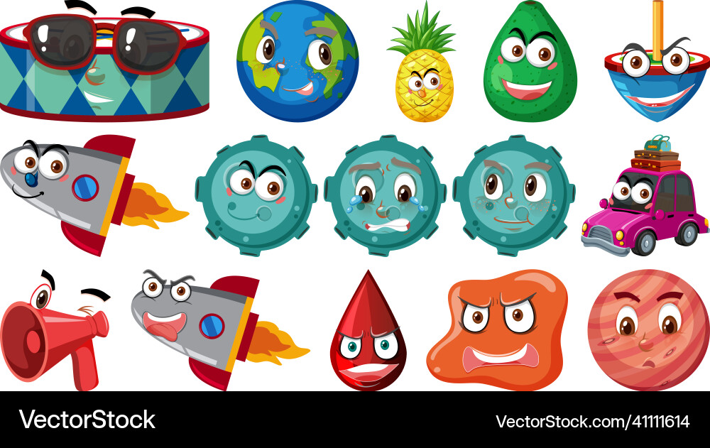 Set of different toy objects with smiley faces Set of different toy objects with smiley faces vector image