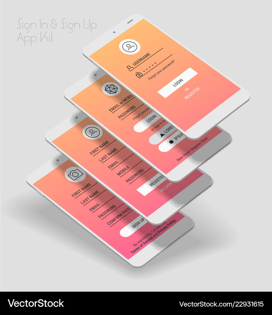 Mobile app ui sign in and up screens 3d Mobile app ui sign in and up screens 3d vector image