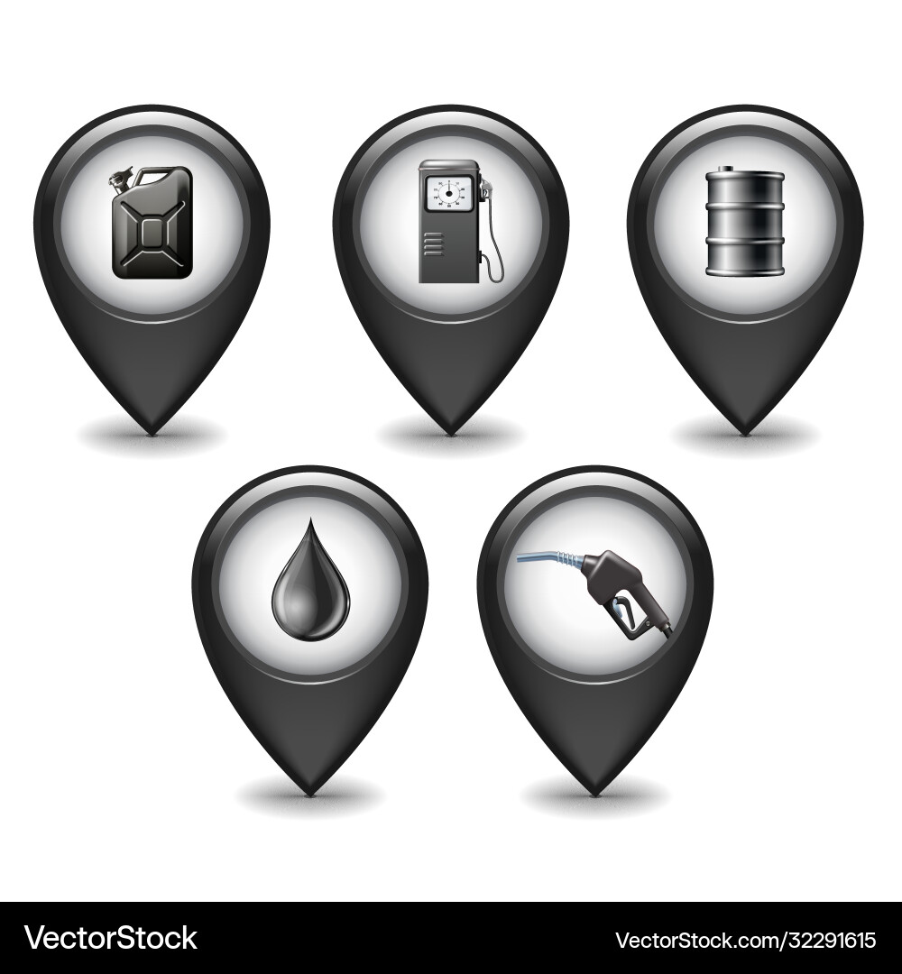 Set black glossy style map pointers with oil Set black glossy style map pointers with oil vector image