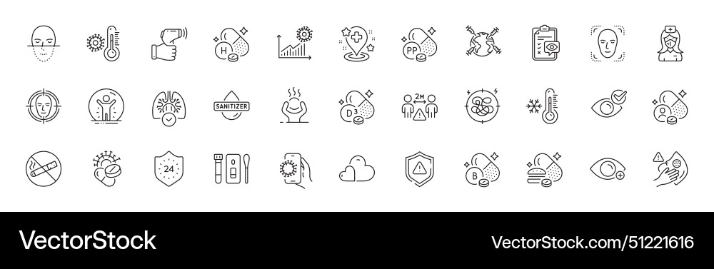 Face detect covid app and shield line icons Face detect covid app and shield line icons vector image