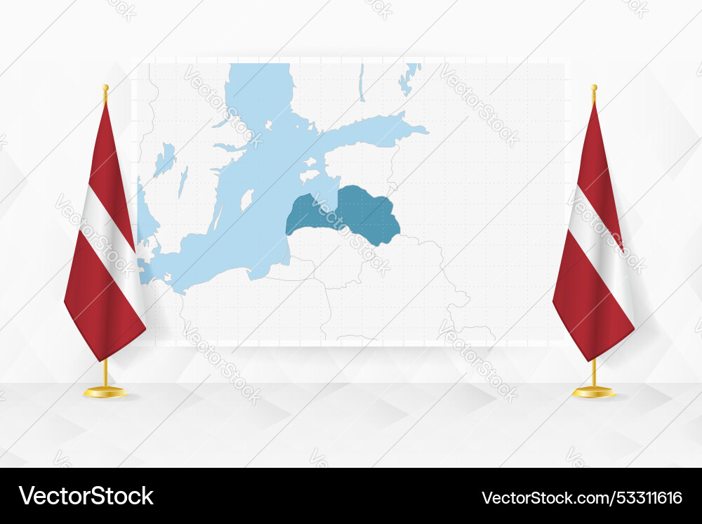 Map of latvia and flags on flag stand Vector Image