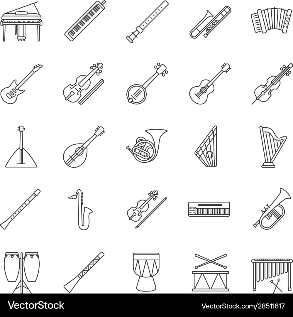 Musical instruments linear icons set Musical instruments linear icons set Vector Image