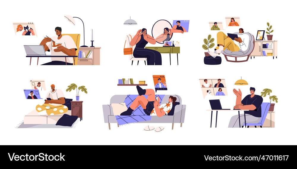 Video conference calls set friends communication Video conference calls set friends communication vector image