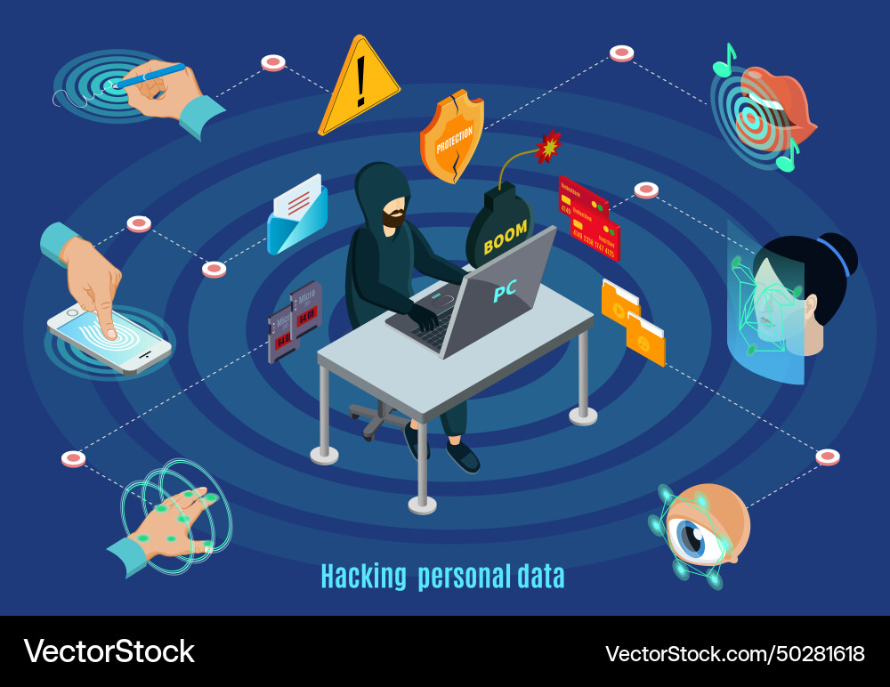 Isometric biometric hacking protection system Isometric biometric hacking protection system vector image