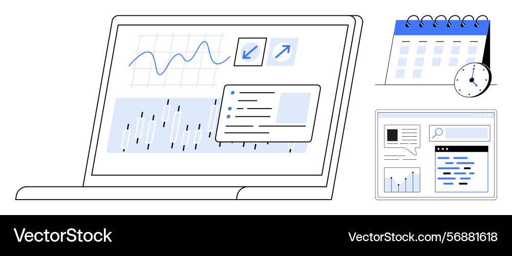 Laptop displaying data analytics with calendar Laptop displaying data analytics with calendar vector image
