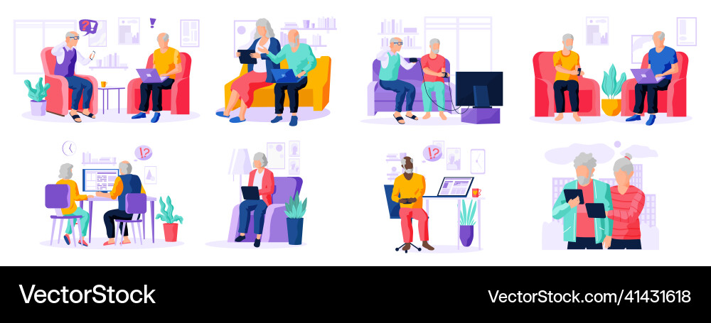 Old people try to use phone game console Vector Image