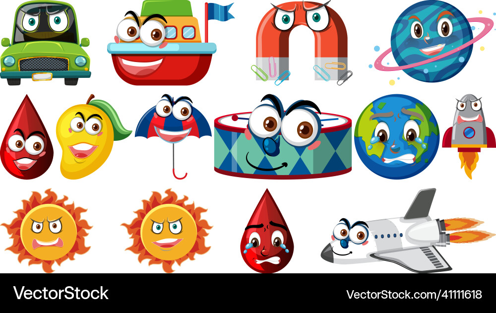 Set of different toy objects with smiley faces Set of different toy objects with smiley faces vector image