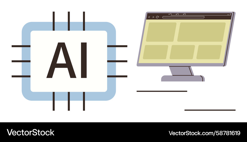 Ai microchip alongside computer monitor showcasing Vector Image
