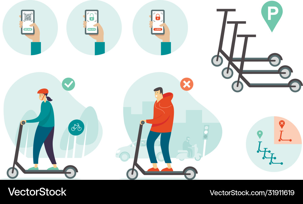 E-scooters sharing concept how to use E-scooters sharing concept how to use vector image