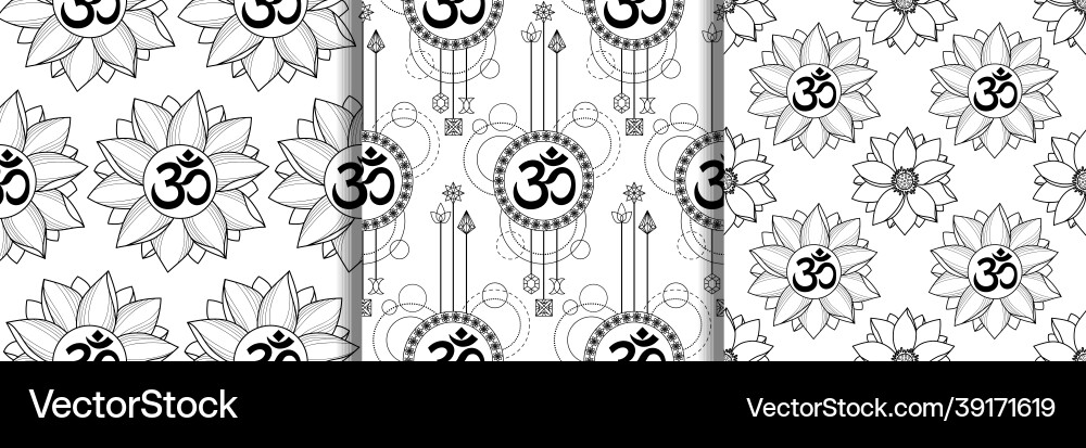 Mantra om and lotus seamless patterns set Mantra om and lotus seamless patterns set vector image