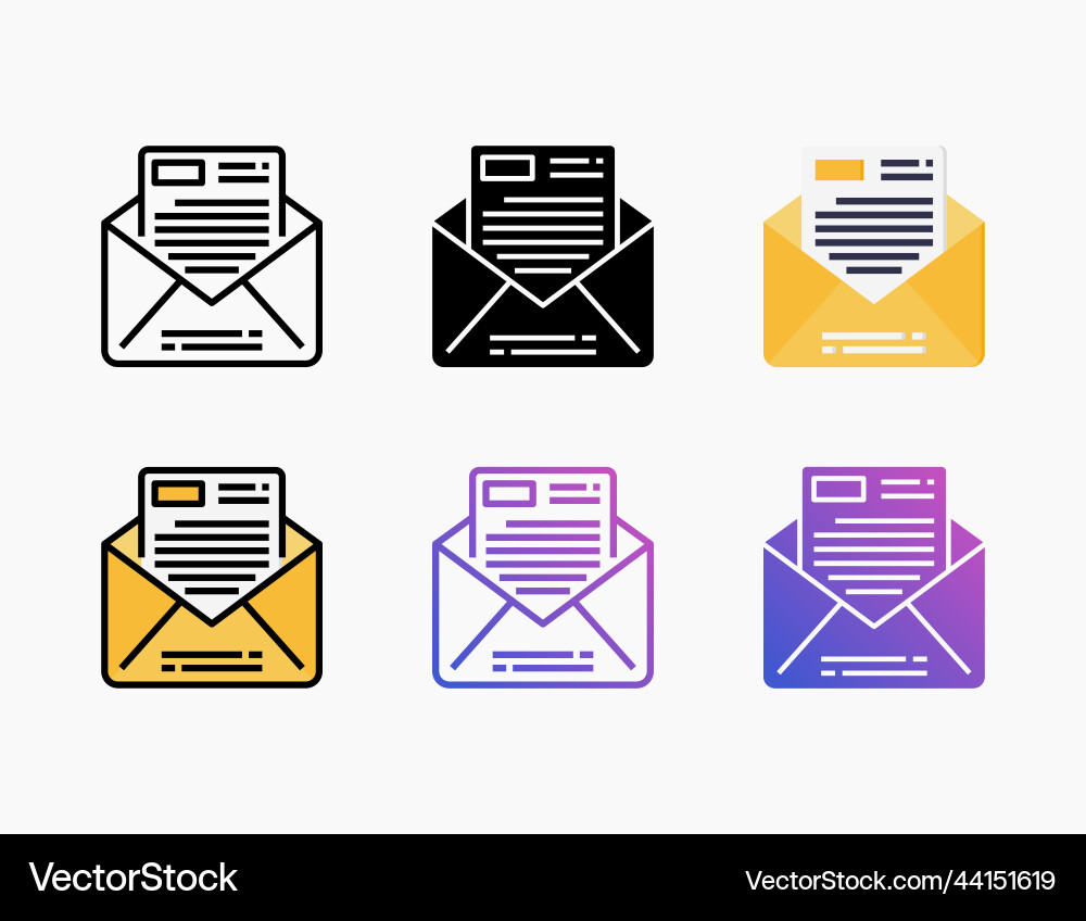 Open mail icon set with different styles Open mail icon set with different styles vector image