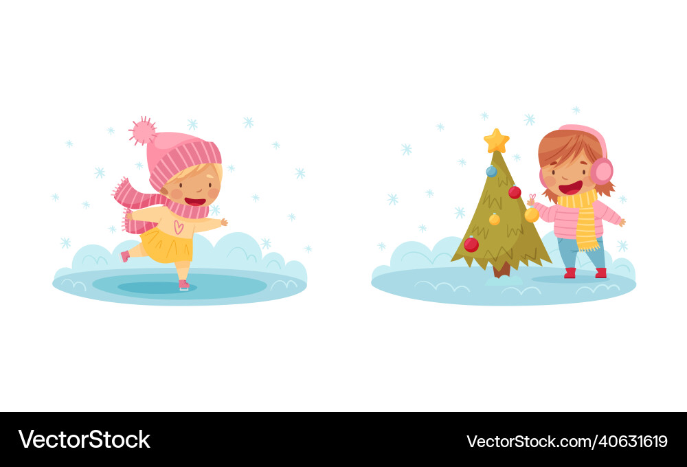 Outdoor seasonal activities set cute kids skating Outdoor seasonal activities set cute kids skating vector image