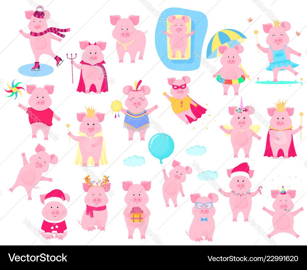 A set of funny piggy characters superhero A set of funny piggy characters superhero vector image