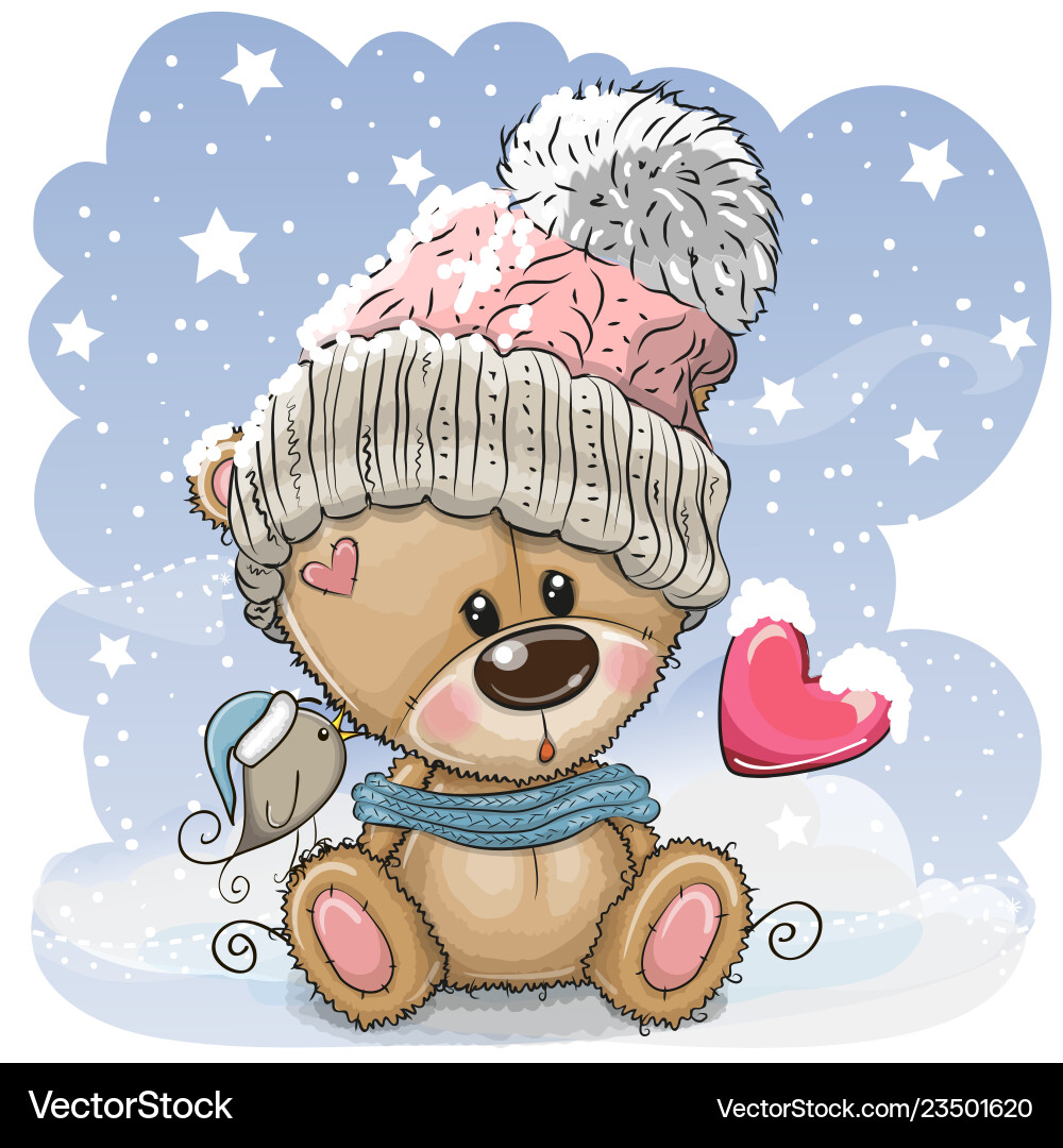 Cartoon teddy bear in a knitted cap sits on snow Cartoon teddy bear in a knitted cap sits on snow vector image