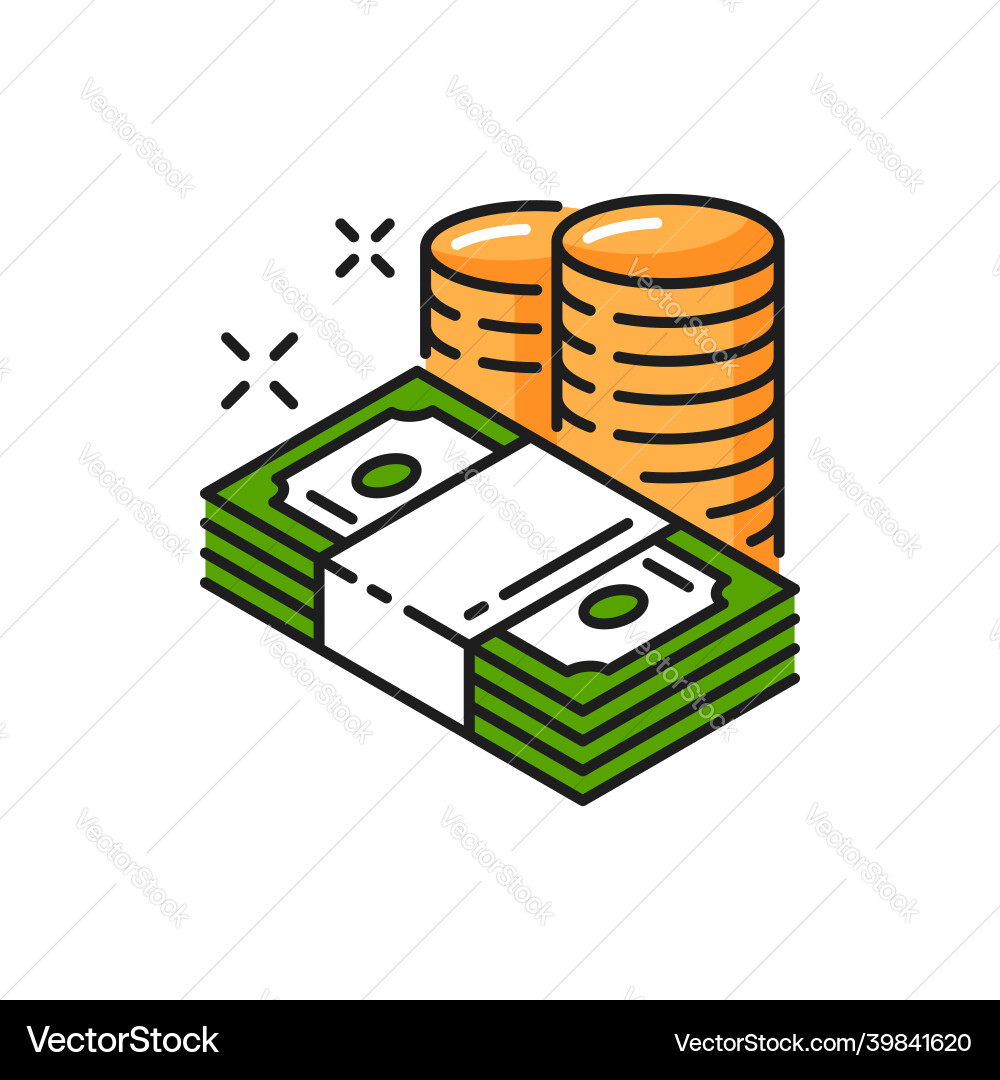 Money paper bills and coins isolated line icon Money paper bills and coins isolated line icon vector image