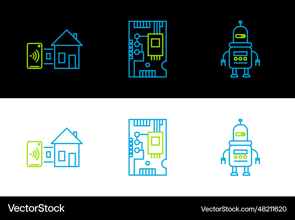 Set line robot smart home and electronic computer Set line robot smart home and electronic computer vector image