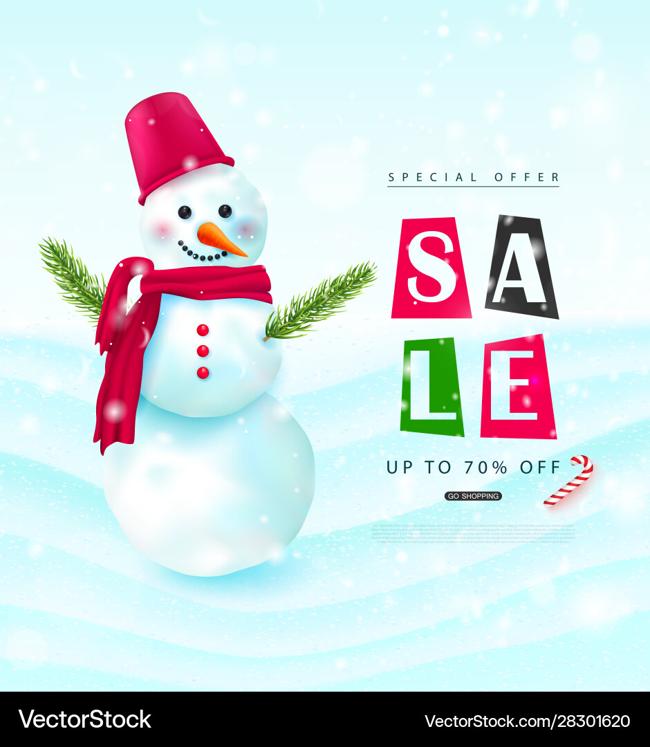 Winter salebackground with snowman and falling Winter salebackground with snowman and falling vector image