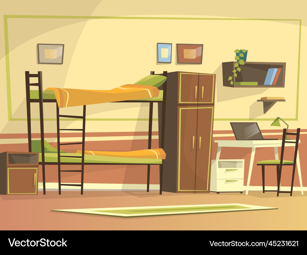 Cartoon student dormitory room interior Cartoon student dormitory room interior vector image