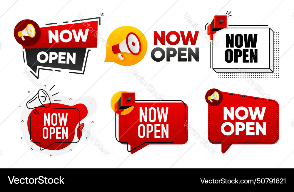 Now open megaphone label collection with text Now open megaphone label collection with text vector image