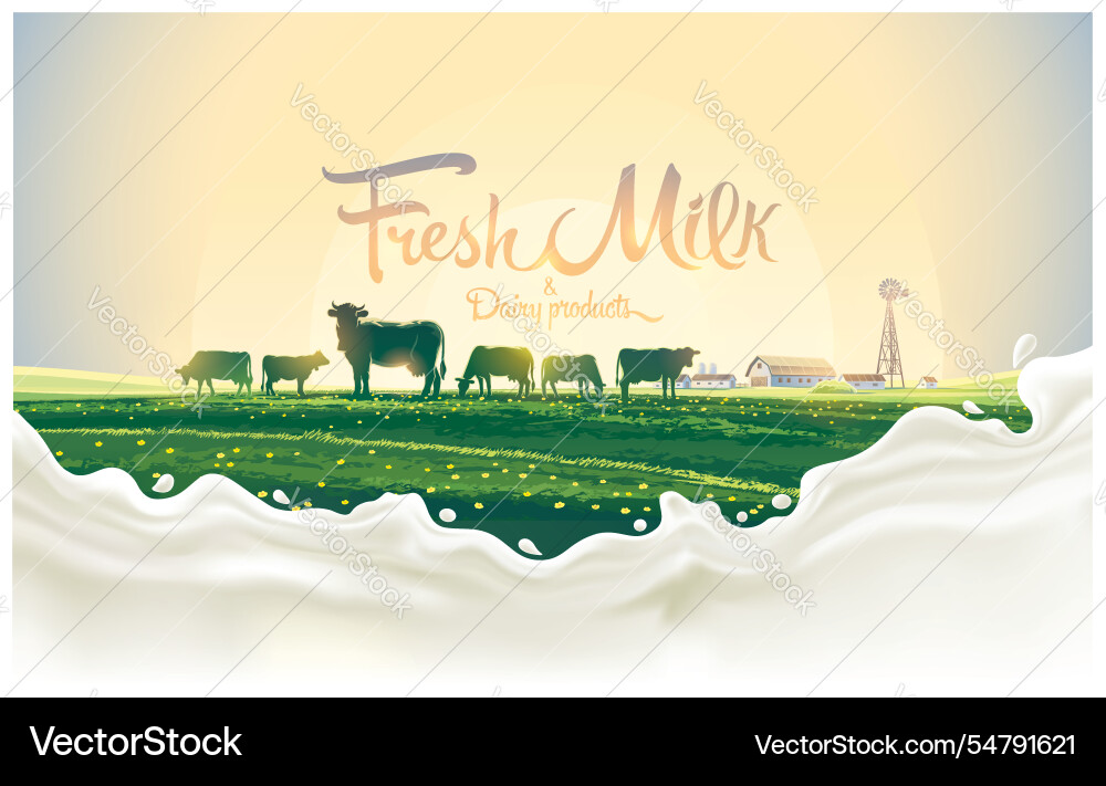 Rural landscape with herd cows and a splash Rural landscape with herd cows and a splash vector image