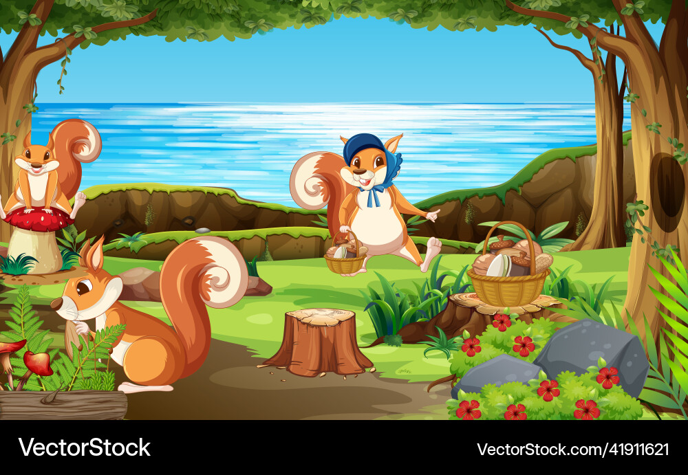 Scene with squirrels in the forest Vector Image
