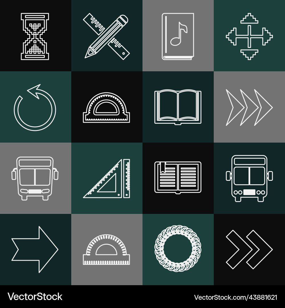 Set line arrow bus audio book protractor grid Set line arrow bus audio book protractor grid vector image