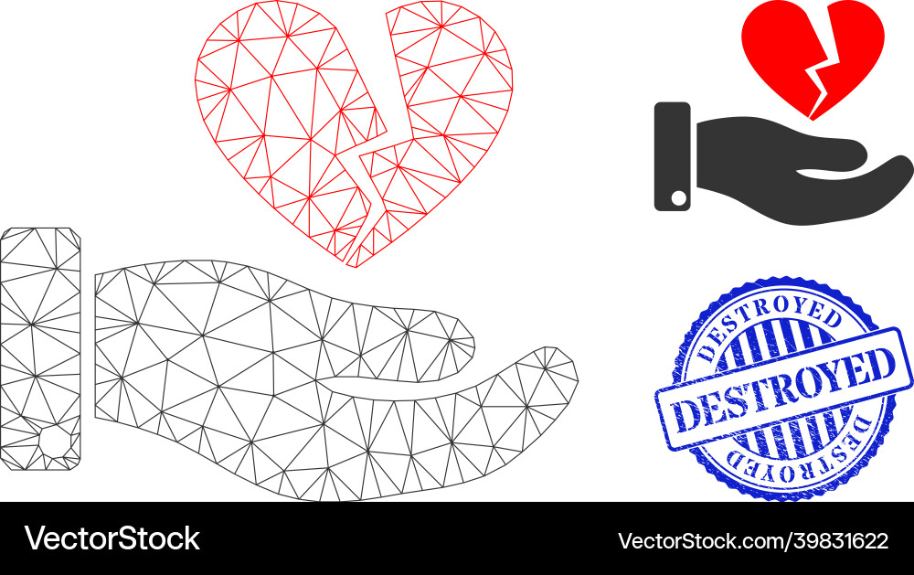 Destroyed textured seal and web net break heart Destroyed textured seal and web net break heart vector image