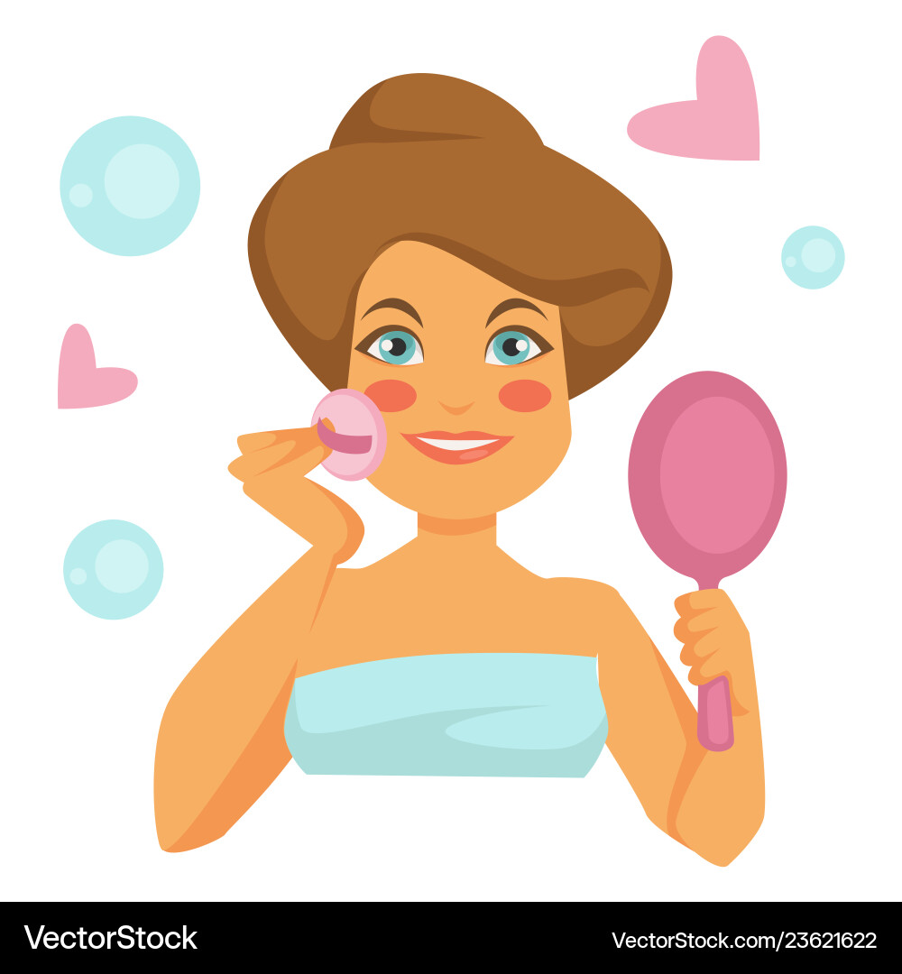 Frau Wasch Gesicht mit Schwamm oder Pad und Spiegel Frau Wasch Gesicht mit Schwamm oder Pad und Spiegel vektorbild