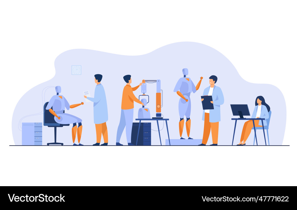 Scientists making robots in lab Scientists making robots in lab vector image