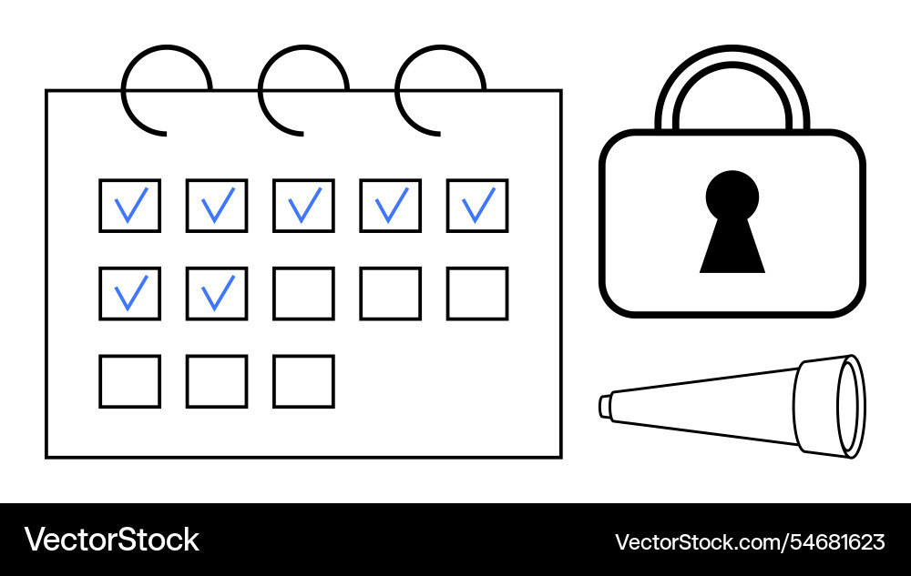 Calendar with check marks lock and telescope Calendar with check marks lock and telescope vector image