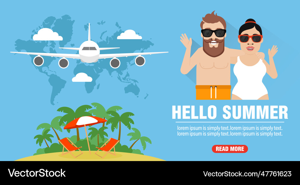 Hallo Sommer junge Paar Reise Design flach Hallo Sommer junge Paar Reise Design flach vektorbild
