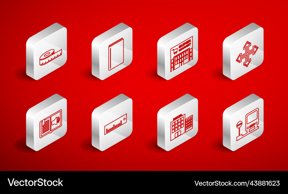 Set line bus stop book supermarket building Set line bus stop book supermarket building vector image