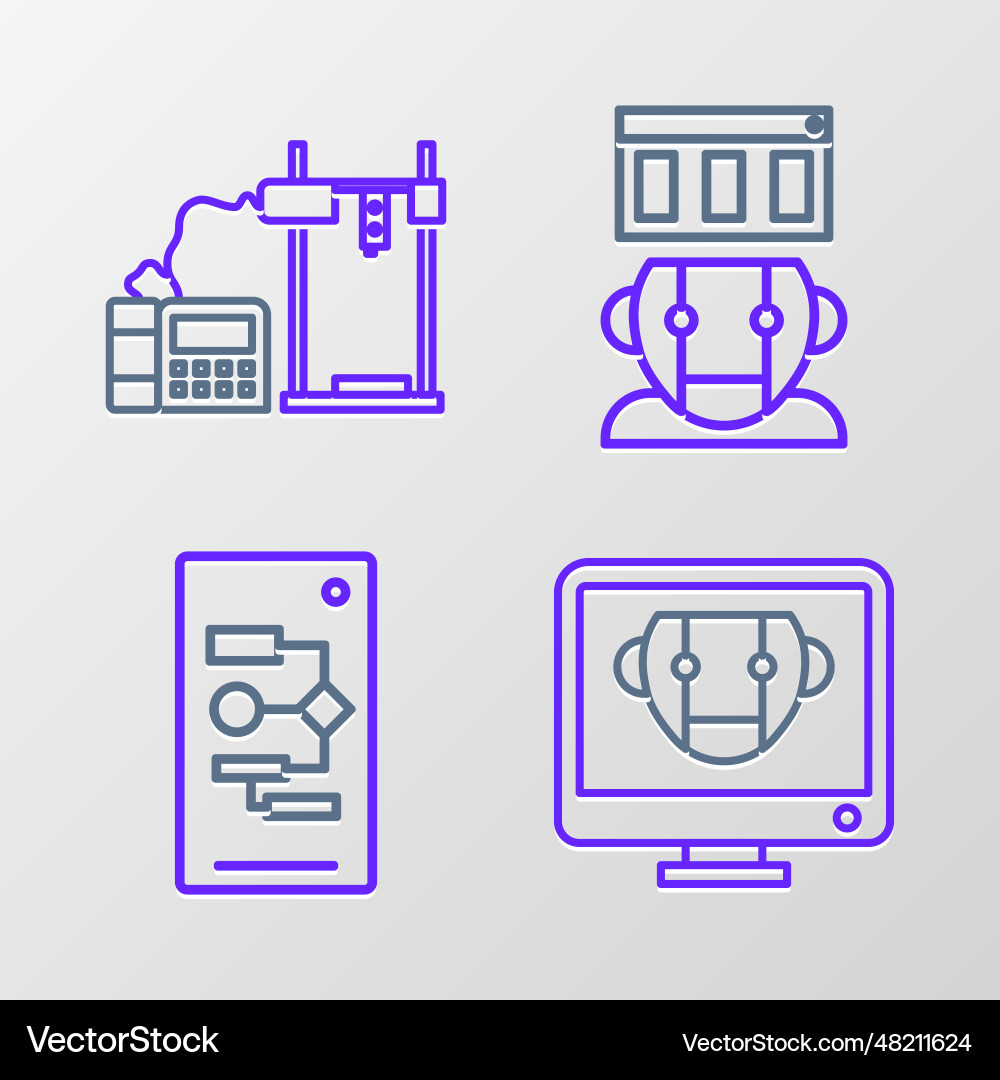 Set line bot algorithm robot and 3d printer icon Set line bot algorithm robot and 3d printer icon vector image
