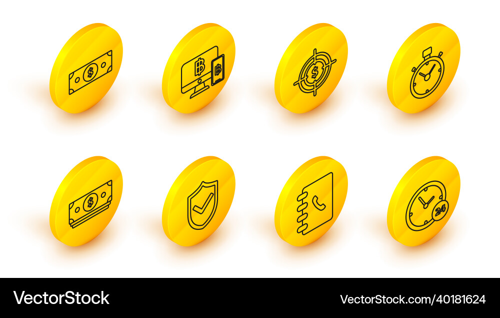Set line clock 24 hours address book shield Set line clock 24 hours address book shield vector image
