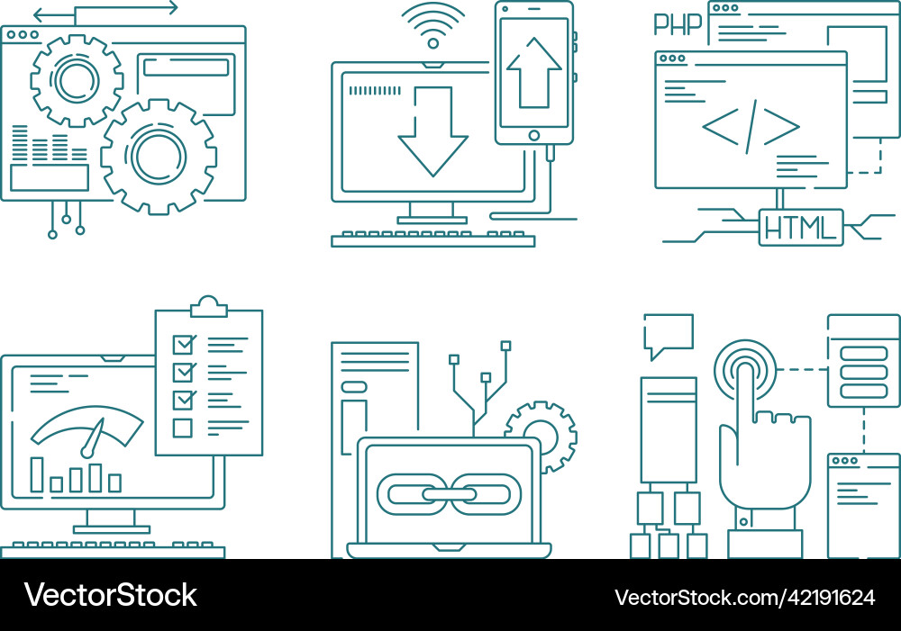 Web development line icons seo mobile layout Web development line icons seo mobile layout vector image