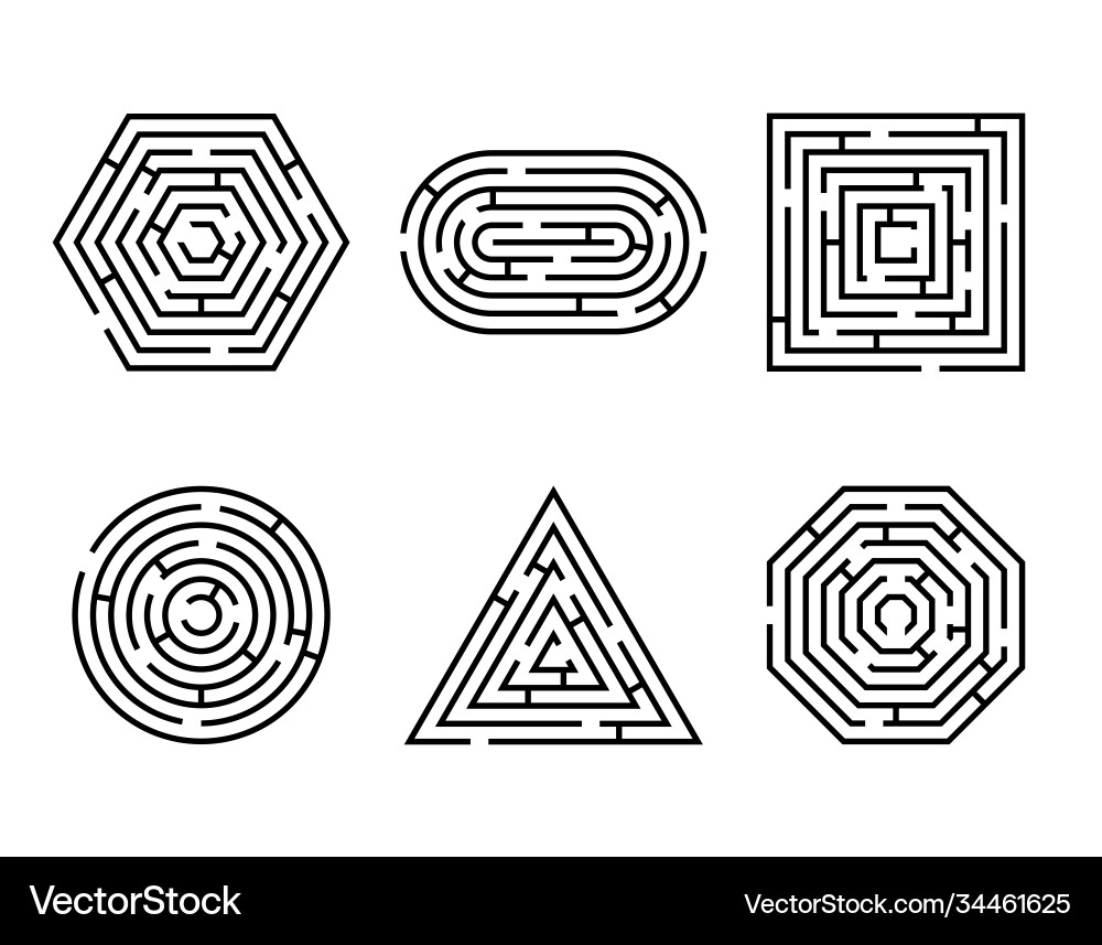 Labyrinth different shapes game and maze fun Labyrinth different shapes game and maze fun vector image