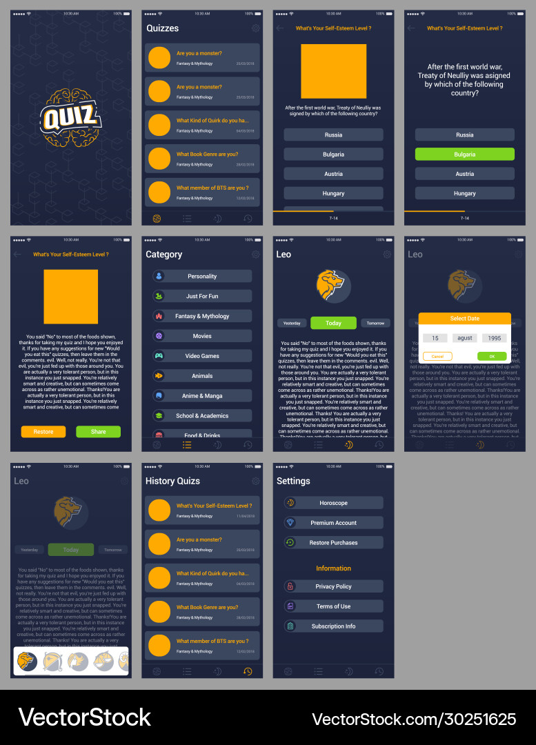 Quiz App ui design mobile Benutzeroberfläche vektorbild