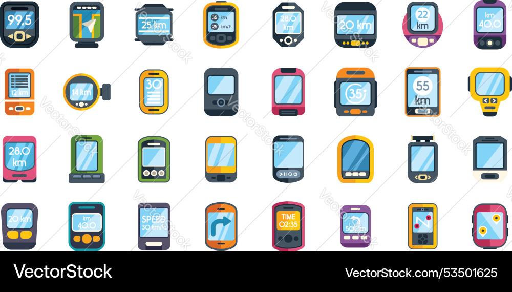 Set of colorful bicycle computer icons showing Set of colorful bicycle computer icons showing Vector Image