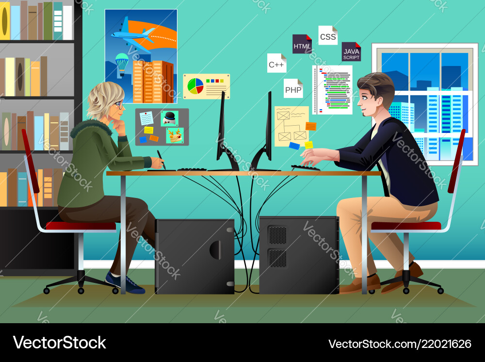 Programmer and designer working in an office Programmer and designer working in an office vector image