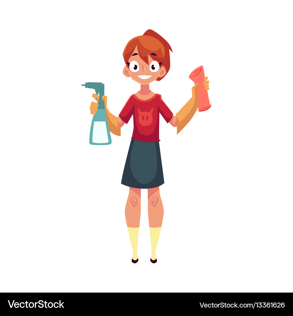 Teenage girl helping to clean house washing vector image