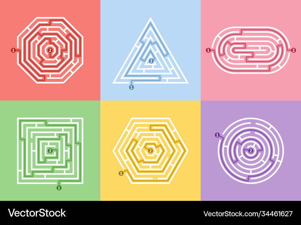 Labyrinth different shapes game and maze fun Labyrinth different shapes game and maze fun vector image