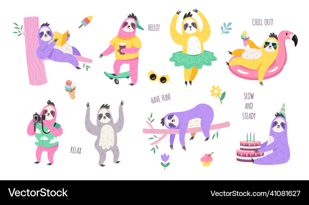 Sloth characters cute lazy animals in different Sloth characters cute lazy animals in different vector image