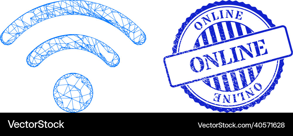 Grunge online badge and hatched wi-fi source web Vector Image