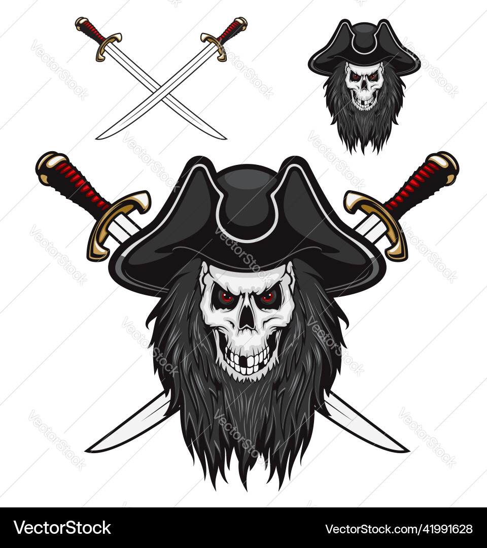 Pirate skull in hat with crossed sabers tattoo Pirate skull in hat with crossed sabers tattoo Vector Image