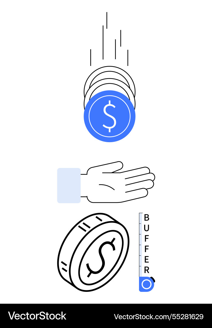 Falling coin into outstretched hand with buffer vector image