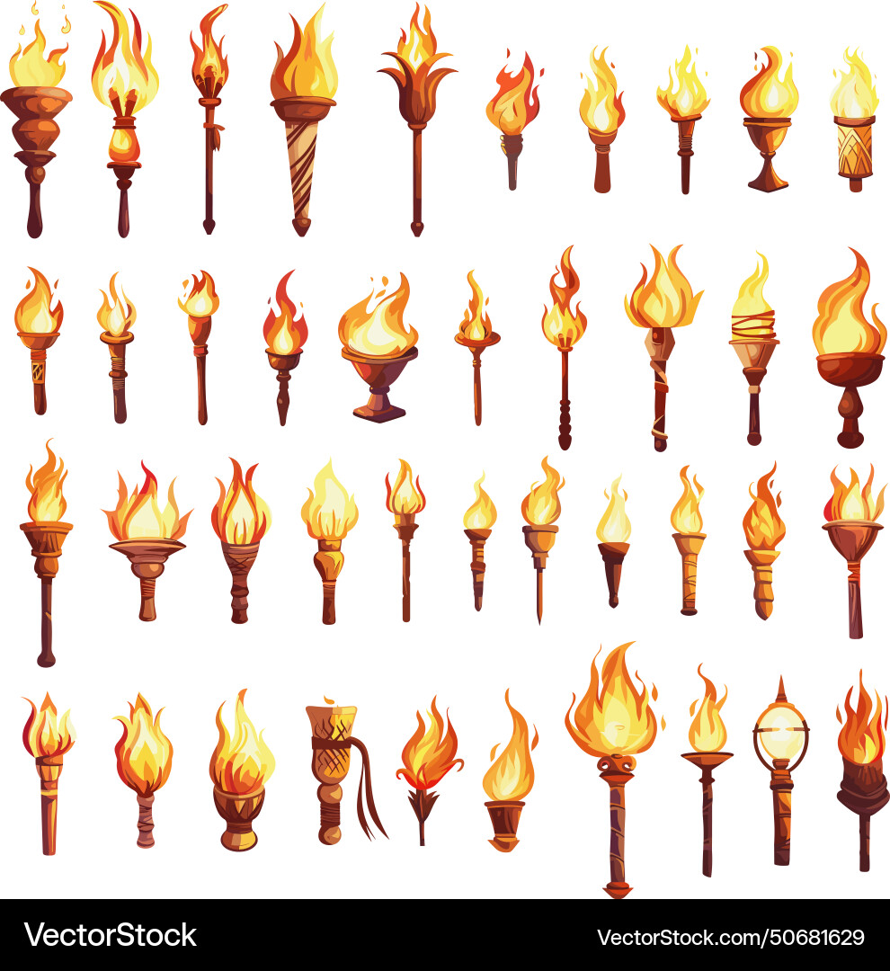 Torches in cartoon style set medieval Torches in cartoon style set medieval vector image
