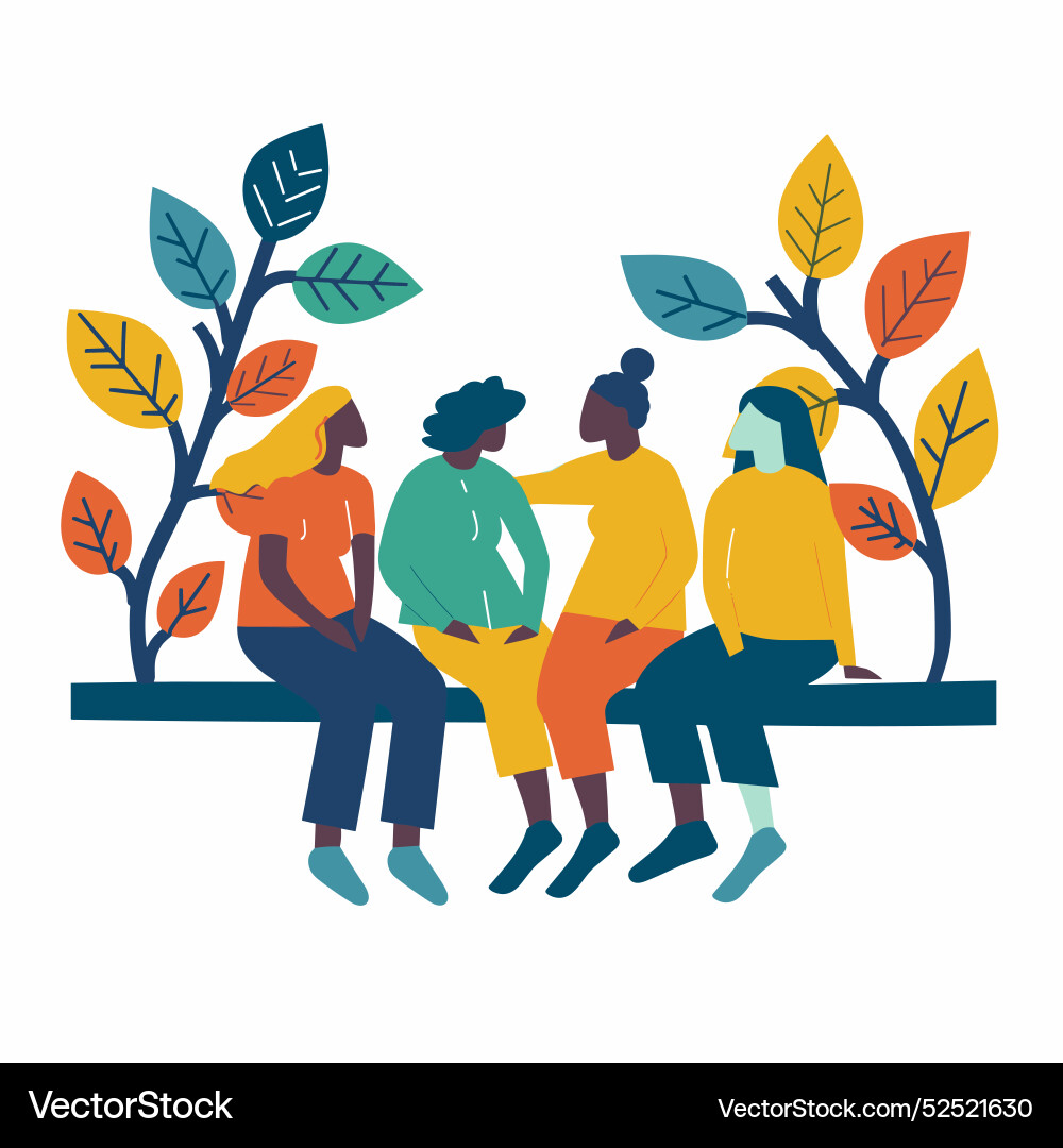 Four diverse friends sitting bench park conversing Vector Image