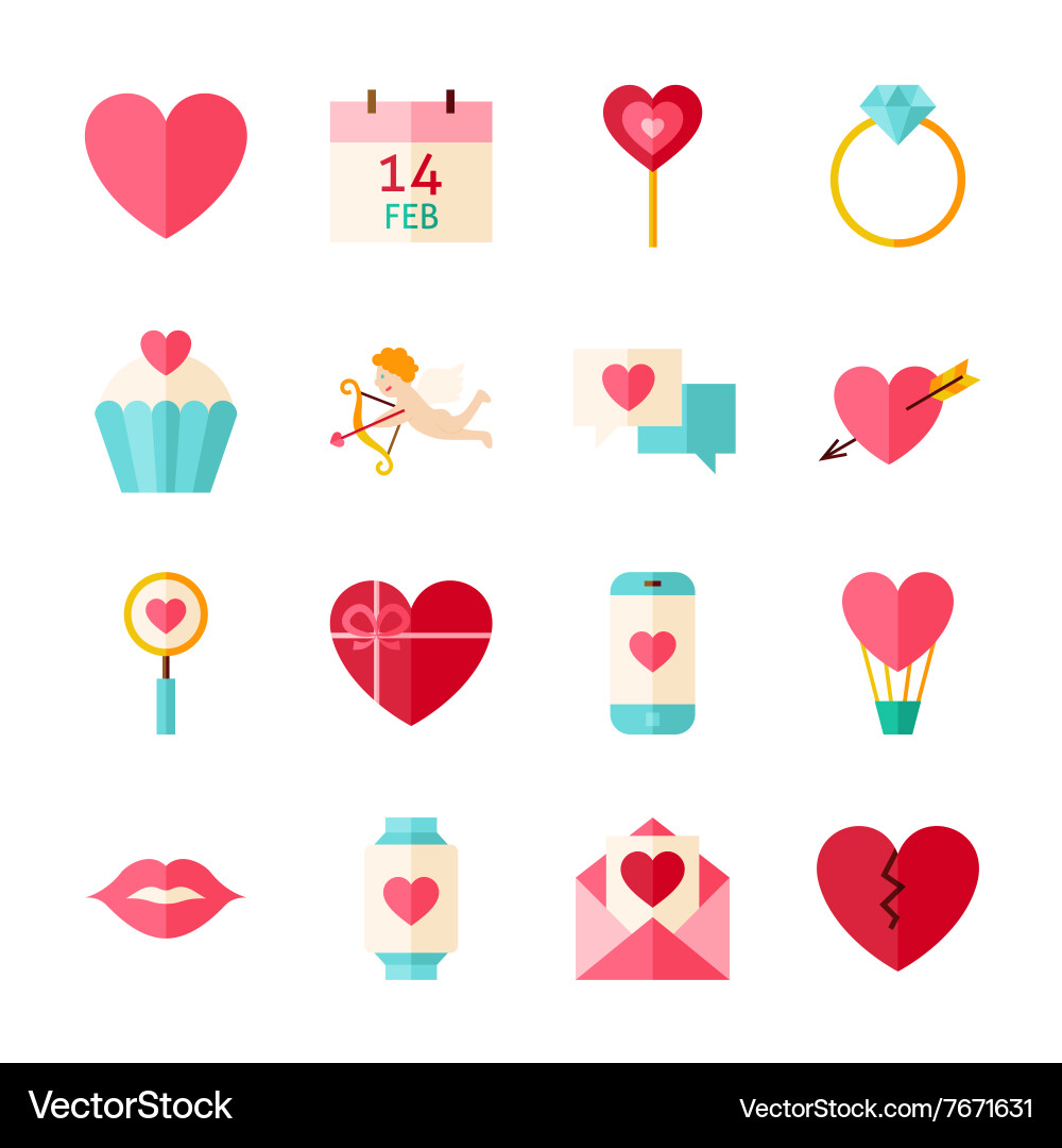 Flat happy valentine day objects set isolated over vector image