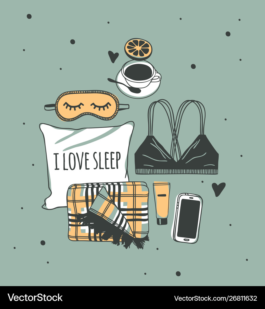 Hand drawn objects about sleep routines and text Hand drawn objects about sleep routines and text vector image