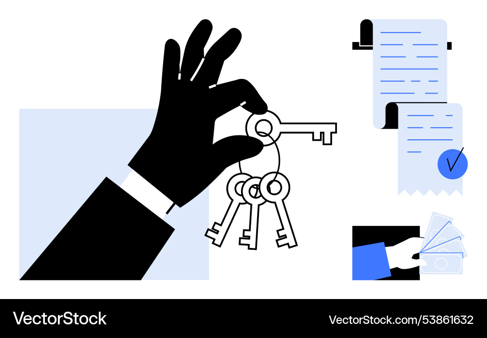 Hand holding keys with signed document Hand holding keys with signed document Vector Image